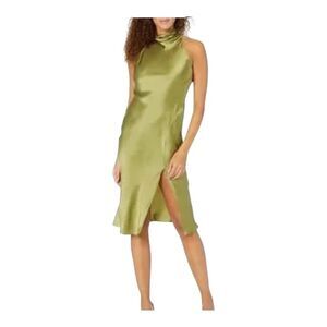 Amanda Uprichard Stanford Olive Green Silk Midi Slit Turtle neck Dress Small